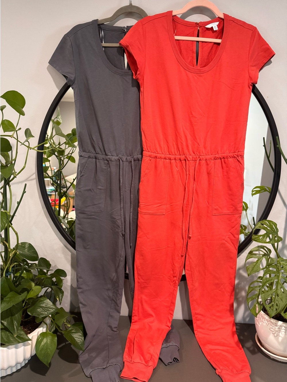2 Time and Tru Women’s  Short-Sleeve One-Piece Jumpsuits in Coral and Gray
